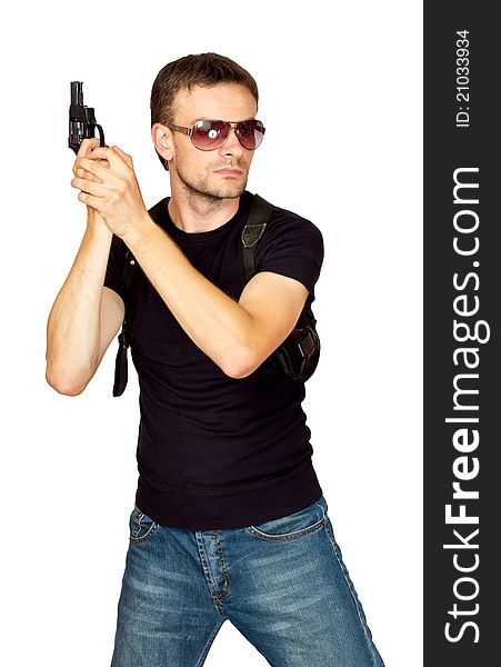 Man with a gun in the holster