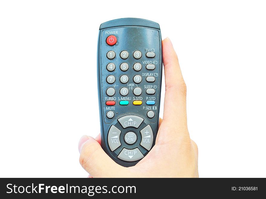 The remote control is in the hand that on the white background