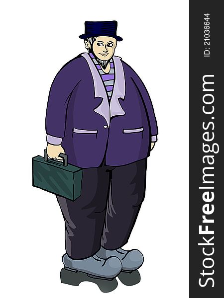 Old fat businesman standing with suitcase