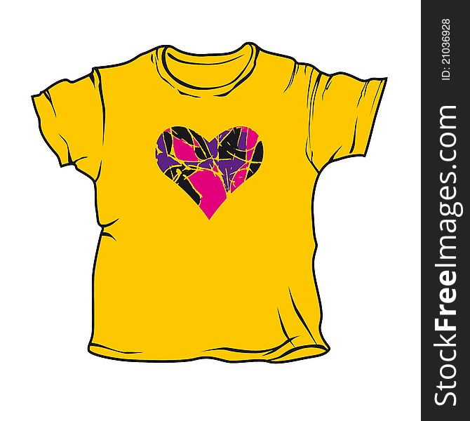 Yellow T-shirts with a pattern of decorative hearts, isolated on a white background. Figure T-shirts on a separate layer.