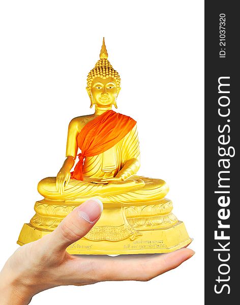 The buddha image is supporting by hand. The buddha image is supporting by hand