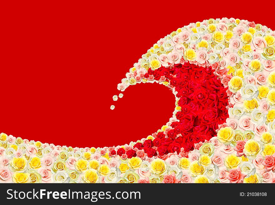 A lot of rose flowers make a wave on a red background. A lot of rose flowers make a wave on a red background.