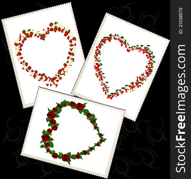 On a black background are three rectangular cards with different hearts. On a black background are three rectangular cards with different hearts