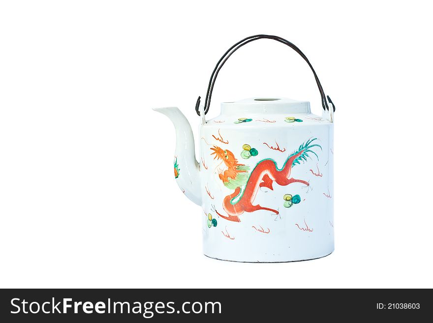 Old white color Chinese teapot with dragon design isolated on white background. Old white color Chinese teapot with dragon design isolated on white background