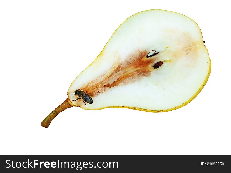 Bee on fresh half cut pear isolated over white background. Bee on fresh half cut pear isolated over white background.