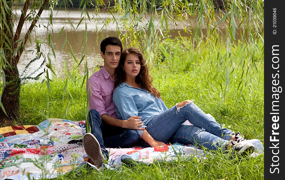 An image of a young couple on a picnic blanket under a willow tree, with a lake in the background. An image of a young couple on a picnic blanket under a willow tree, with a lake in the background