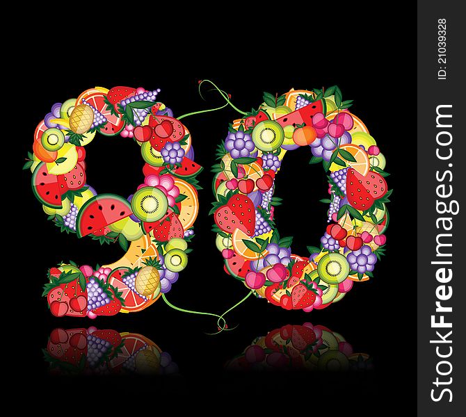 Number ninety made from fruits. vector