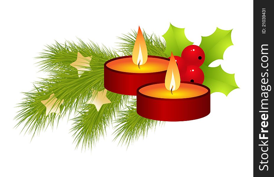 Two red candles, fir branch and holly Vector illustration. Two red candles, fir branch and holly Vector illustration.