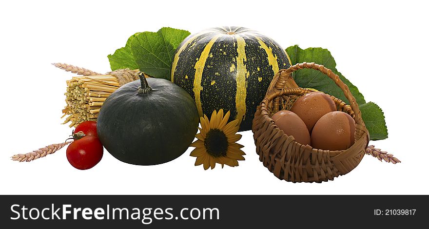 Autumn collection with pumpkin, herbs, sunflowers and hay, eggs