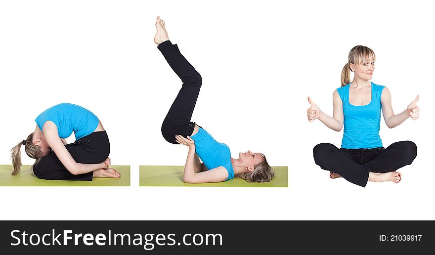 Young woman doing series of yoga exercise in studio