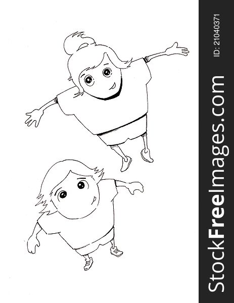 Hand drawn joyful boy and girl jumping