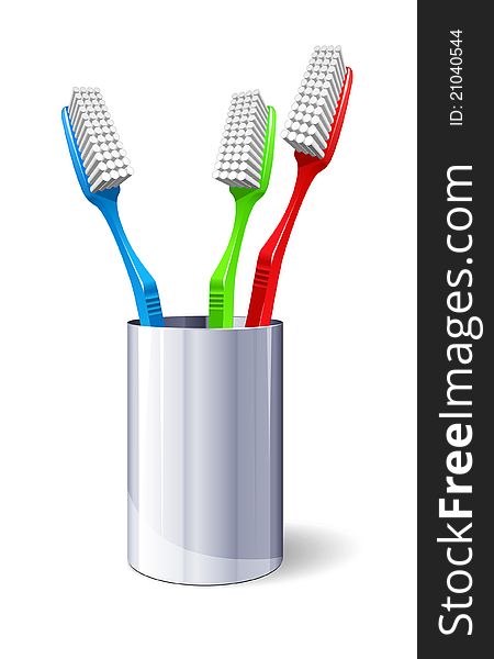 Three Color Toothbrushes In Metal Glass