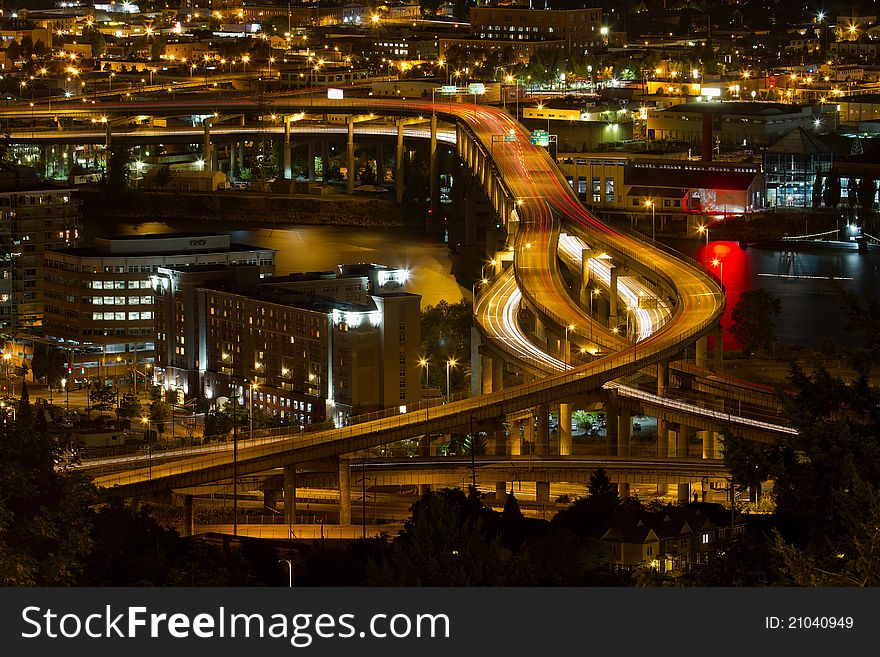 City of Portland Light Trails on Marquam Freeway at Night