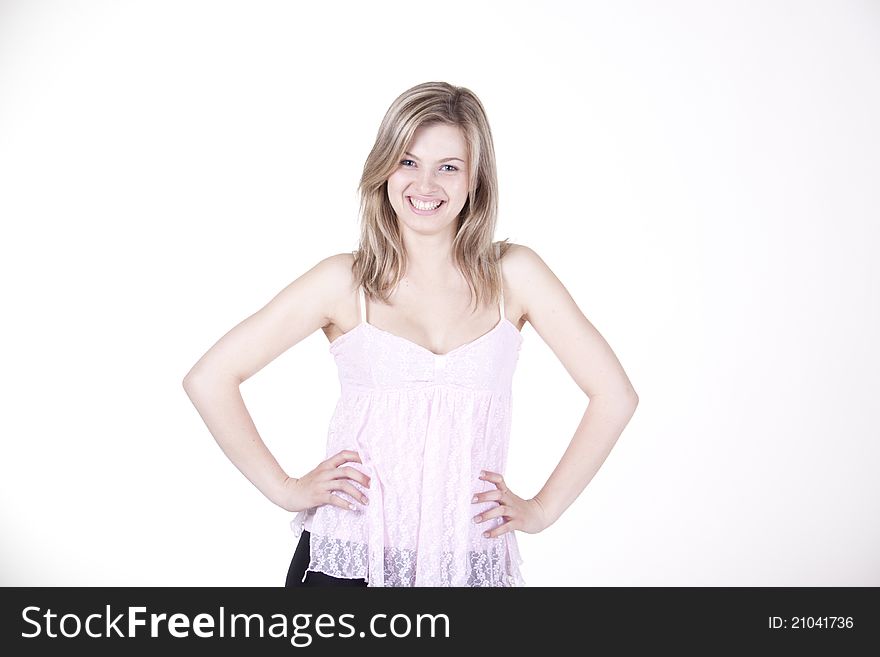 Nice girl with blond hair in studio