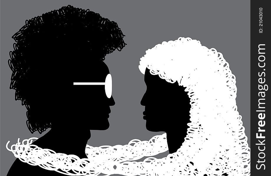 Profile of man and woman with stylish hair and glasses. Profile of man and woman with stylish hair and glasses