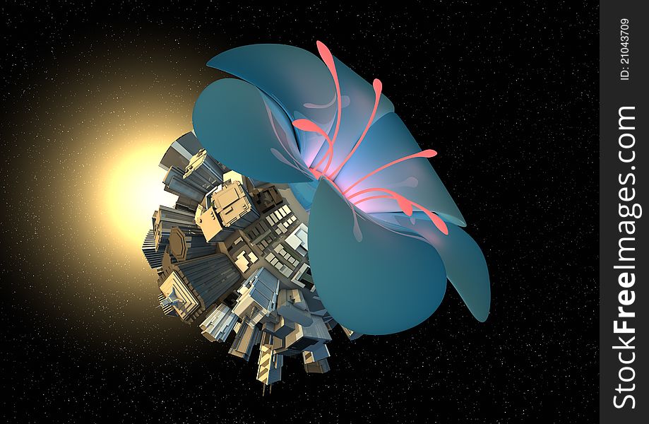 Render of an abstract urban flower in space. Render of an abstract urban flower in space