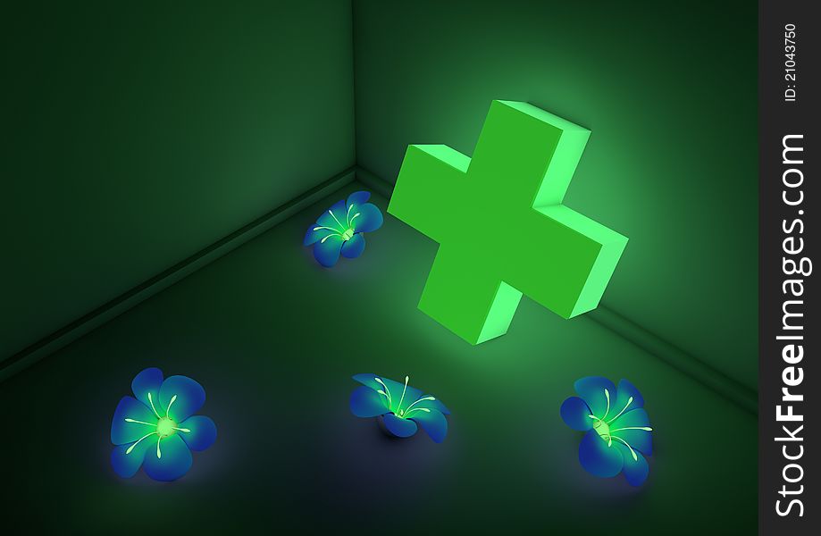 Render of an abstract medical symbol scene in a room. Render of an abstract medical symbol scene in a room