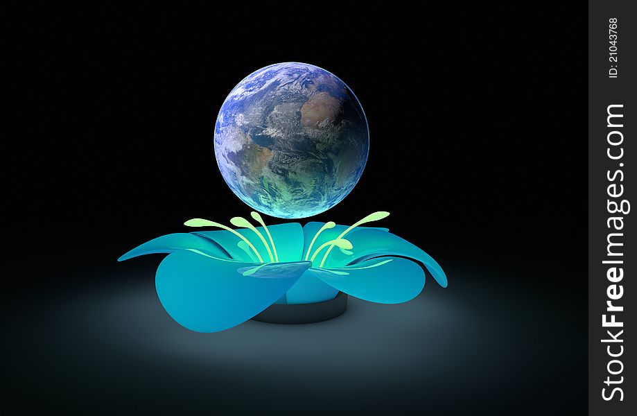 Render of an abstract flower with the planet above it. Render of an abstract flower with the planet above it