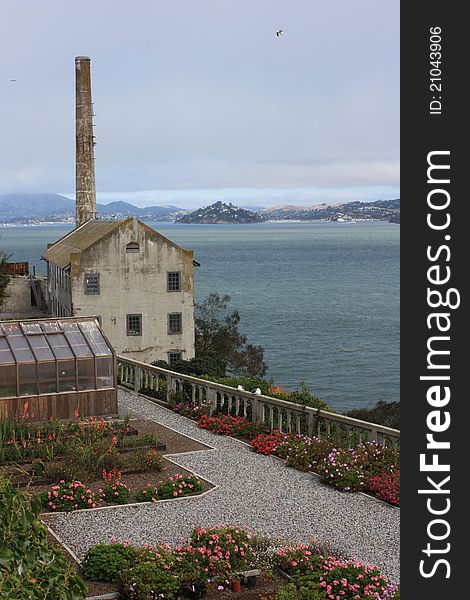 View of old Powerhouse and garden on Alcatraz Island. View of old Powerhouse and garden on Alcatraz Island