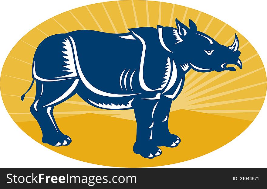 Illustration of a rhinoceros facing side view done in woodcut style set inside an ellipse with sunburst in background. Illustration of a rhinoceros facing side view done in woodcut style set inside an ellipse with sunburst in background