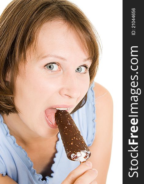 Woman eating ice cream on a white background.