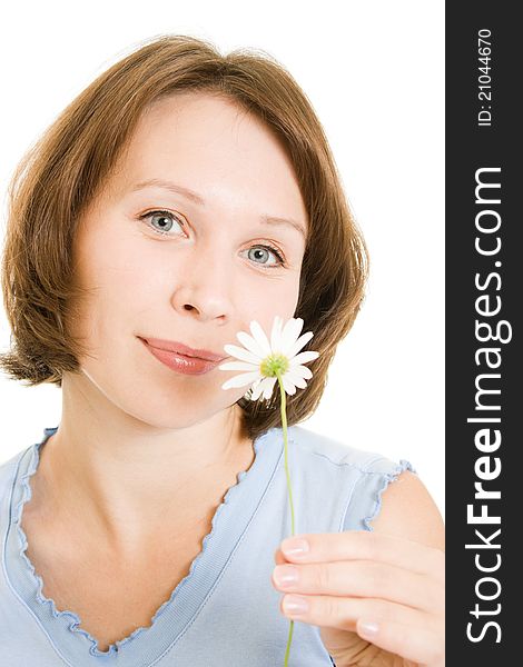Girl with daisies on a white background.