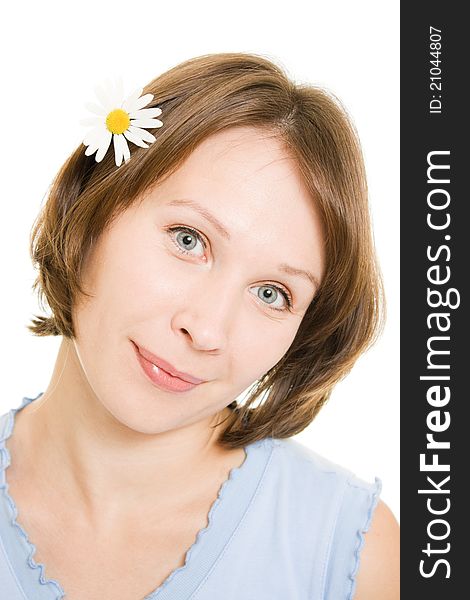 Girl with flower in her hair on a white background. Girl with flower in her hair on a white background.