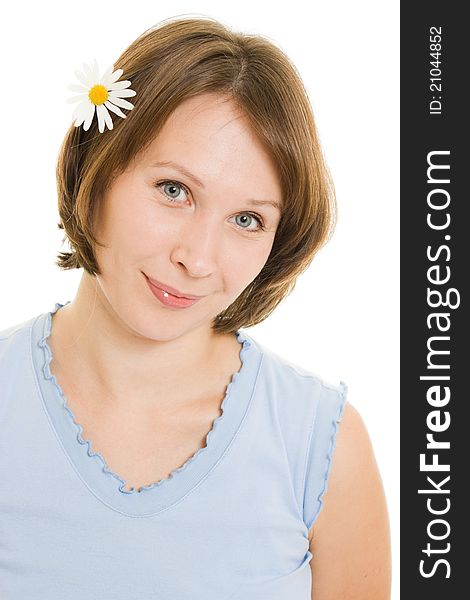 Girl with flower in her hair on a white background. Girl with flower in her hair on a white background.