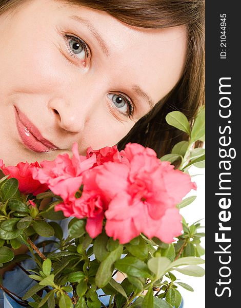 Girl with flower on a white background. Girl with flower on a white background.