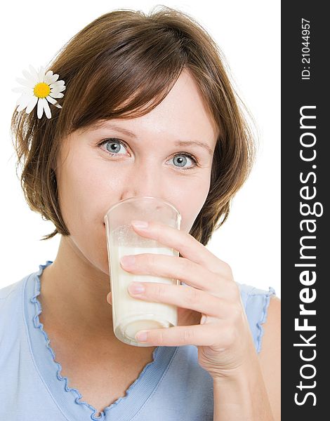 Woman drinking milk on a white background. Woman drinking milk on a white background.