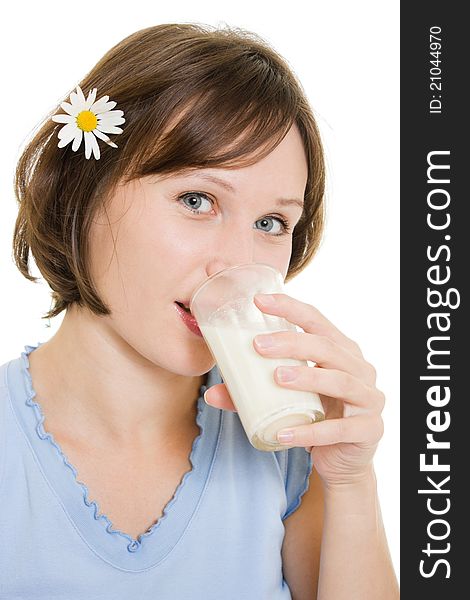 Woman drinking milk on a white background. Woman drinking milk on a white background.