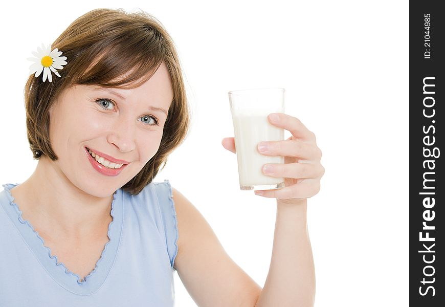 Woman drinking milk on a white background. Woman drinking milk on a white background.