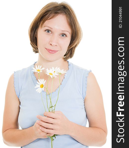 Girl with flowers on a white background. Girl with flowers on a white background.