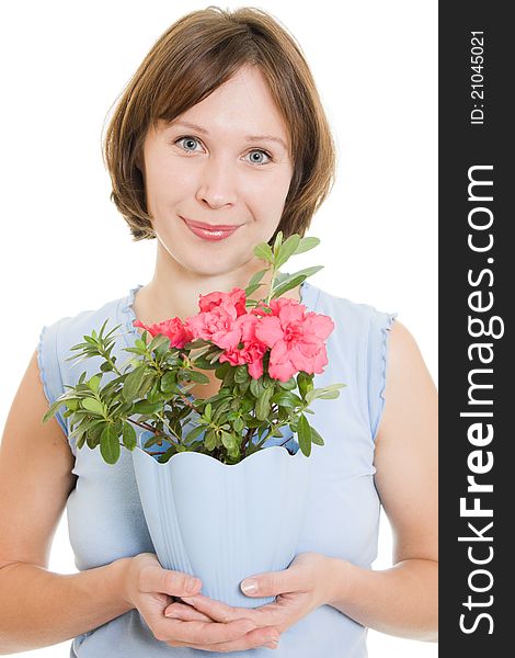 Smelling girl with flower on a white background. Smelling girl with flower on a white background.