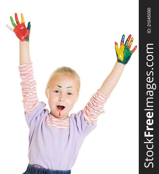 Cute girl playing with colors on a white background.