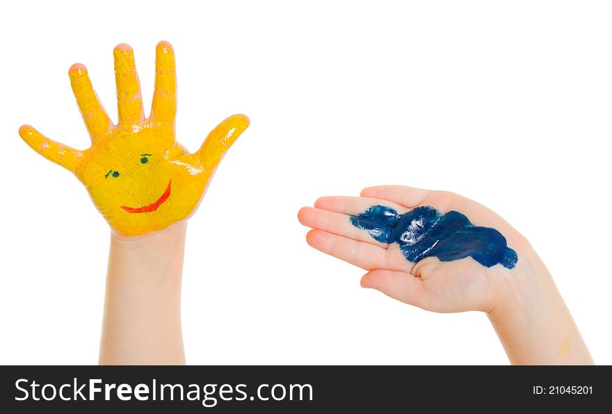 Painted child's hands on a white background. Painted child's hands on a white background.