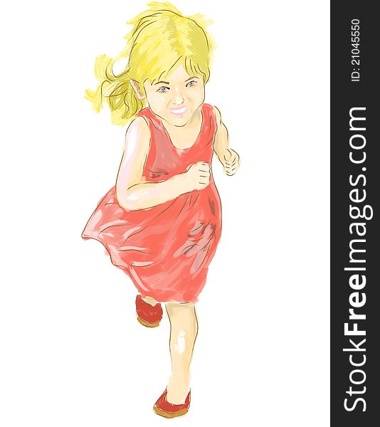 Cute little girl running, hand-drawn vector illustration, white background