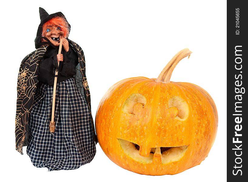 Pumpkin and witch on Halloween on a white background