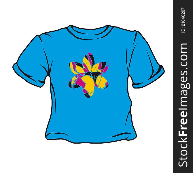 Blue T-short with picture in the form of a decorative flower, isolated on a white background. Figure T-shirts on a separate layer.