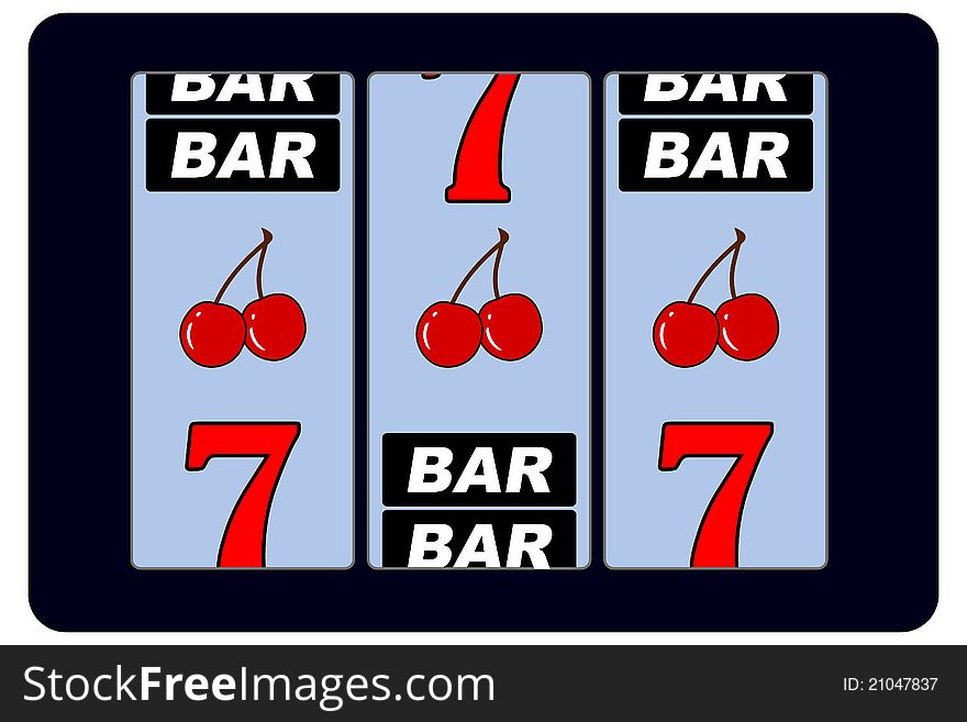 Illustration of a slotmachine with cherries seven and bar.