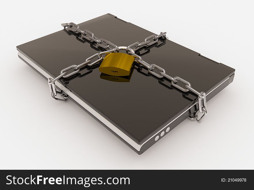 Padlock, chain and laptop. Computer generated image.