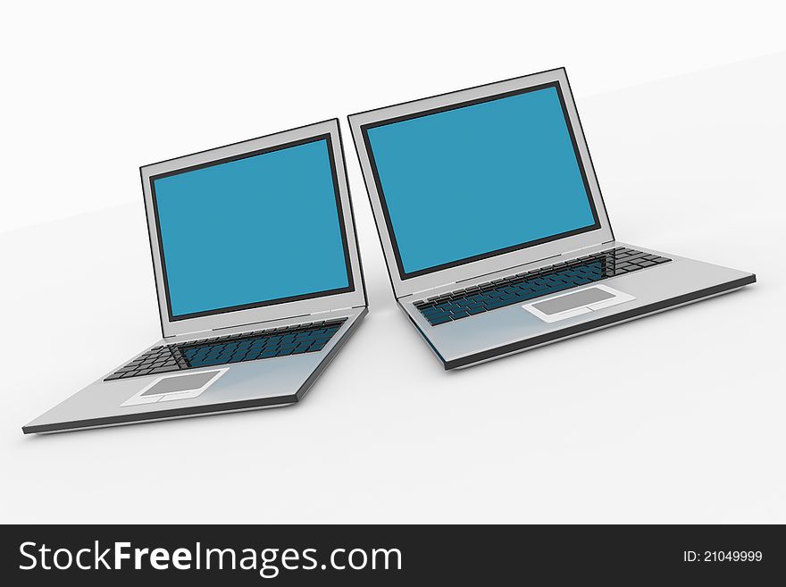 Two laptops with blue screens. Computer generated image