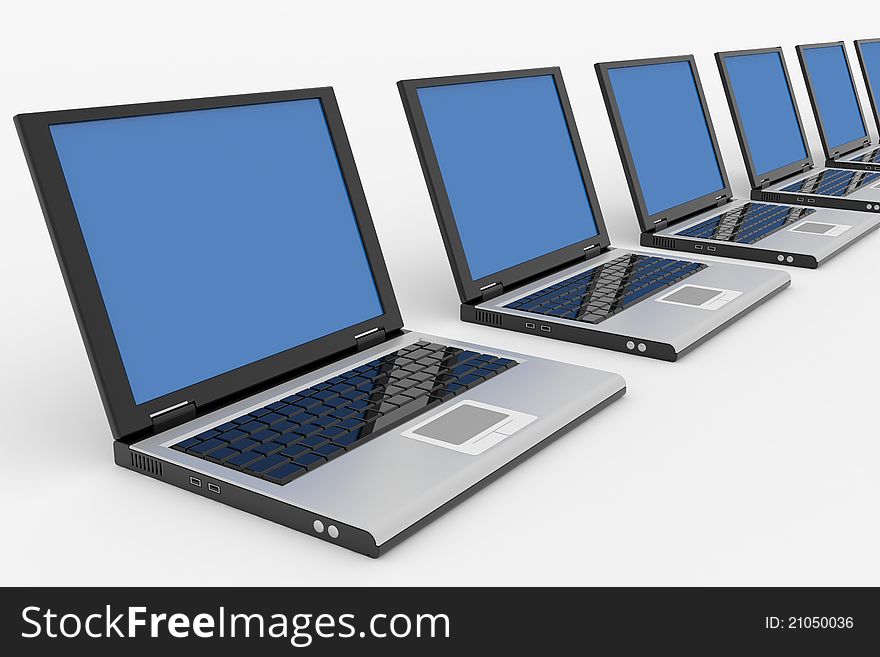 Row of Laptops with blue screen. Computer generated image.