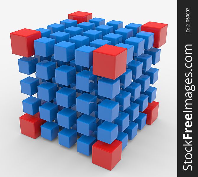 Cube assembling from blue blocks with red blocks on vertex. Computer generated image. Cube assembling from blue blocks with red blocks on vertex. Computer generated image.