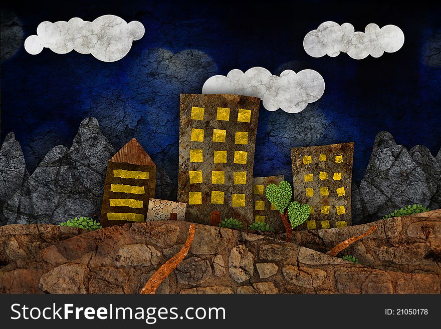 Urban landscape illustration, city and mountains.