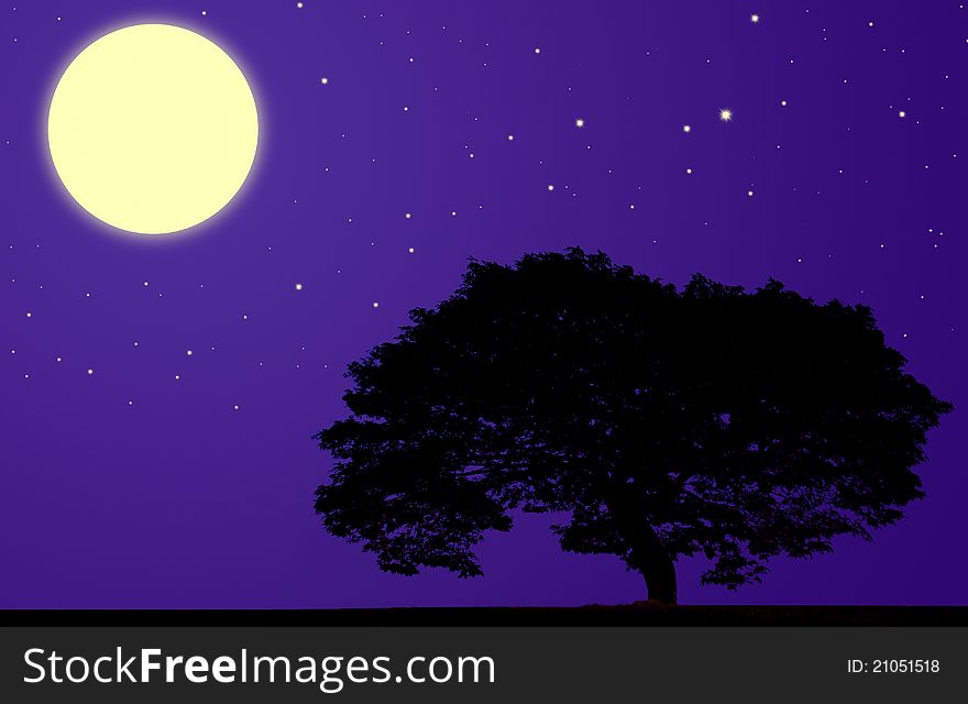 Moon tree silhouette against black background (other landscapes are in my gallery)