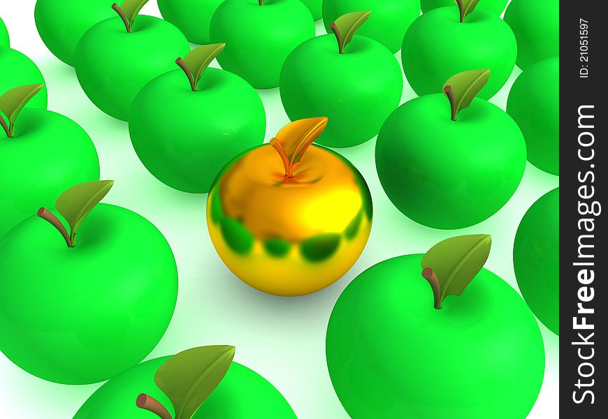 Golden apple among green apples 3d