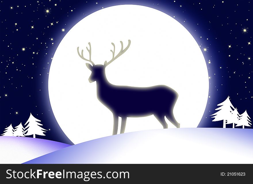 Silhouette of a deer standing on a hill. Full moon on the background. Silhouette of a deer standing on a hill. Full moon on the background.