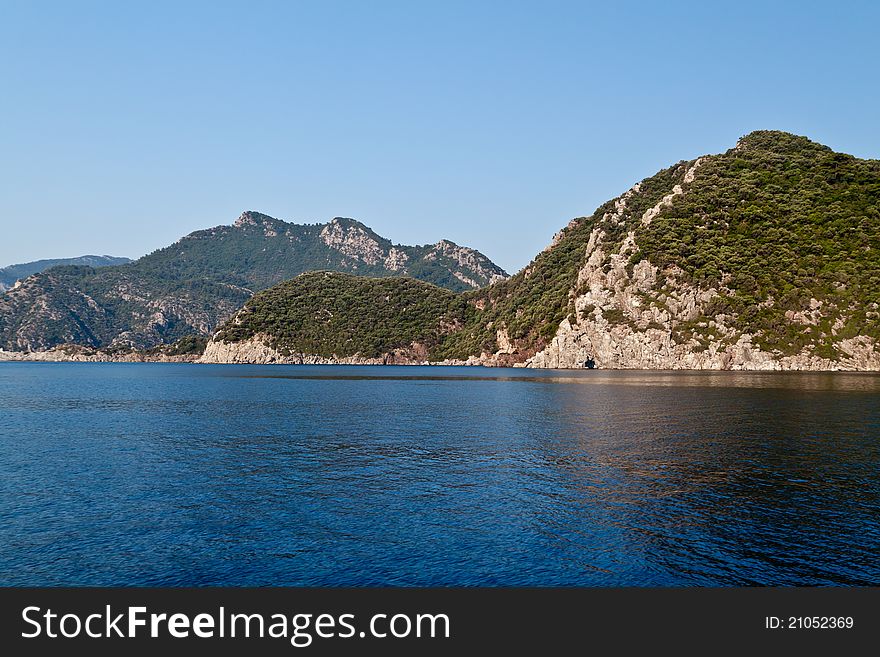 Summer landscape with the sea and mountains. Marmaris in Turkey at coast of Aegean sea.