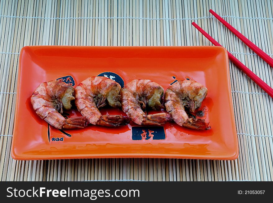 Japanese traditional cuisine. Fried shrimps
